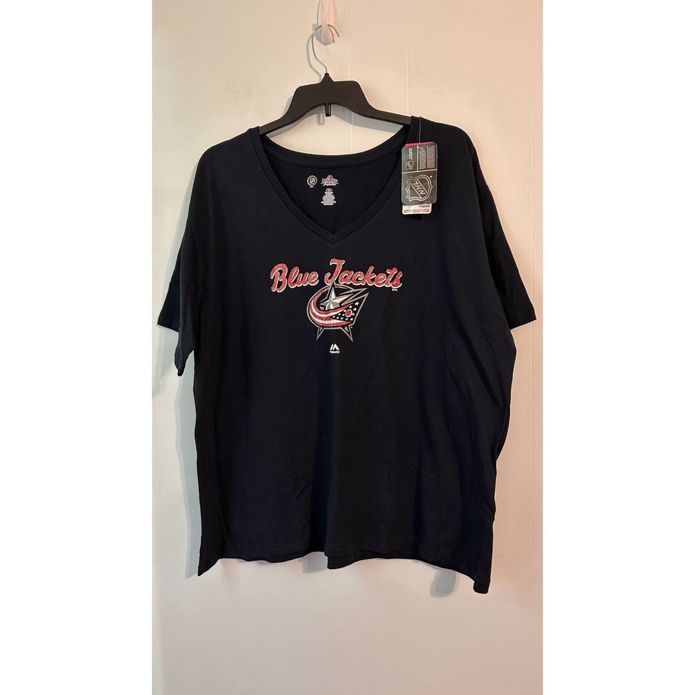 Majestic Columbus Blue Jackets NHL Navy V-Neck Glitter Graphic Tee Womens 2X NEW